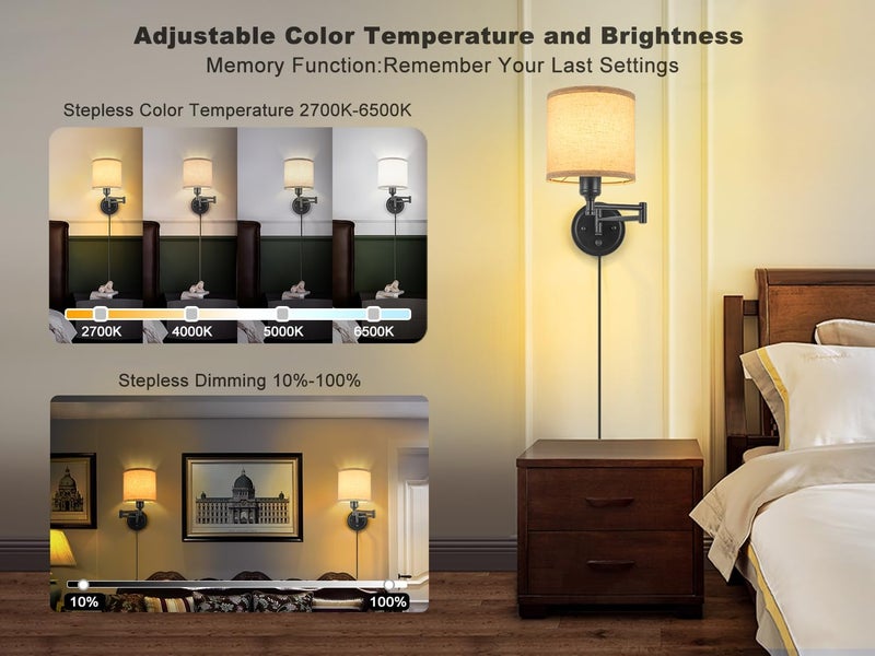GOODATE Plug in Wall Sconces with Remote Control, Dimming 10%-100% & Adjustable Colors 2700K-6500K, Hardwire or Plug-in, Swing Arm Wall Lamp with Linen Fabric Shade, Wall Sconces Set of Two, Black Finish - Image 2